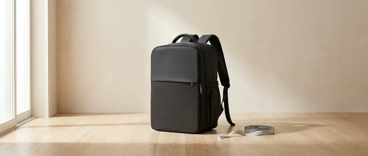 Sac de voyage cabine 40x30x20 cm posé à côté d'un mètre ruban