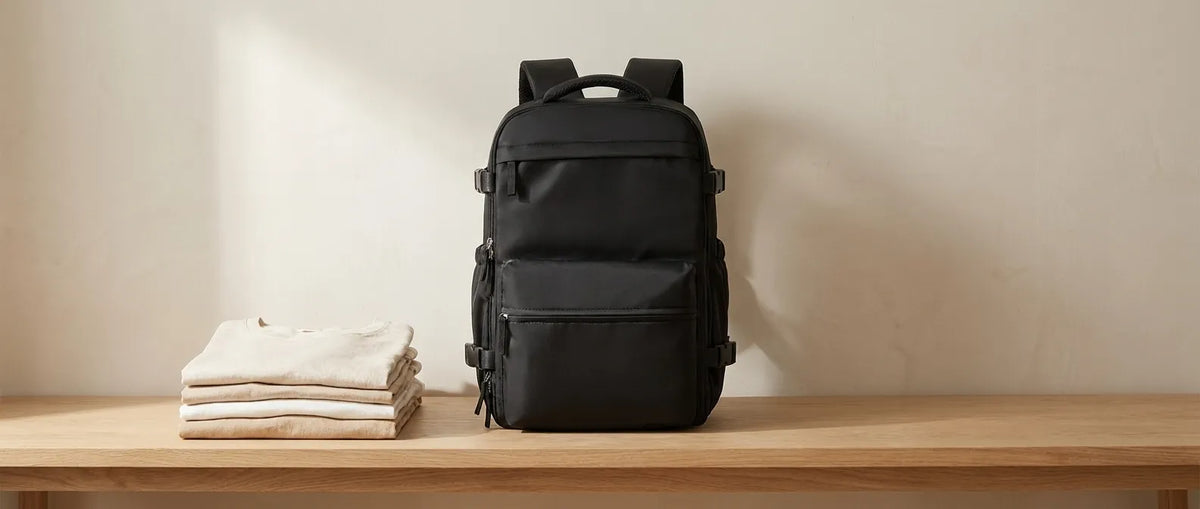 Sac de voyage cabine sous vide 40x30x20 cm à côté de vêtements pliés pour une semaine