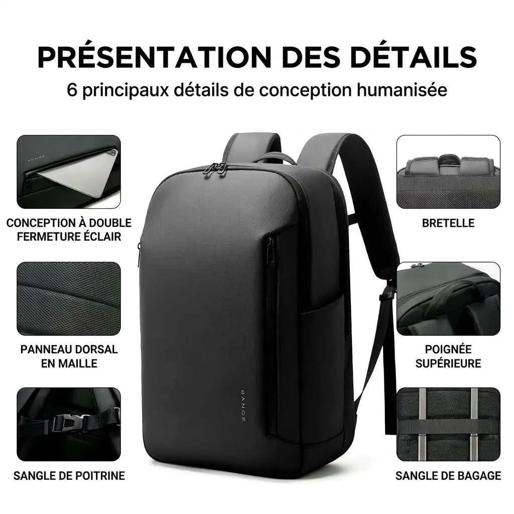 Détails de finition du sac à dos de voyage business