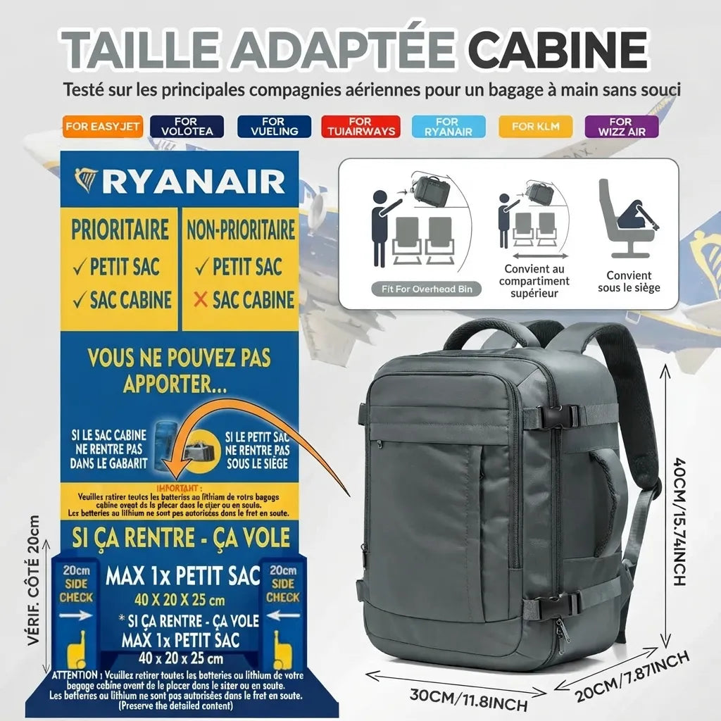 Sac de voyage cabine léger, format et compagnies aériennes indiquées