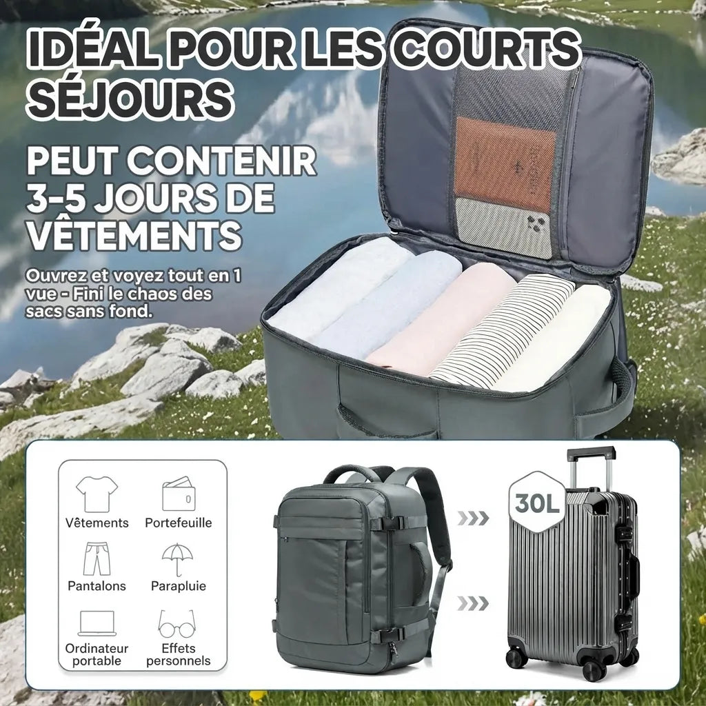 Sac de voyage cabine léger fixé sur une valise à roulettes