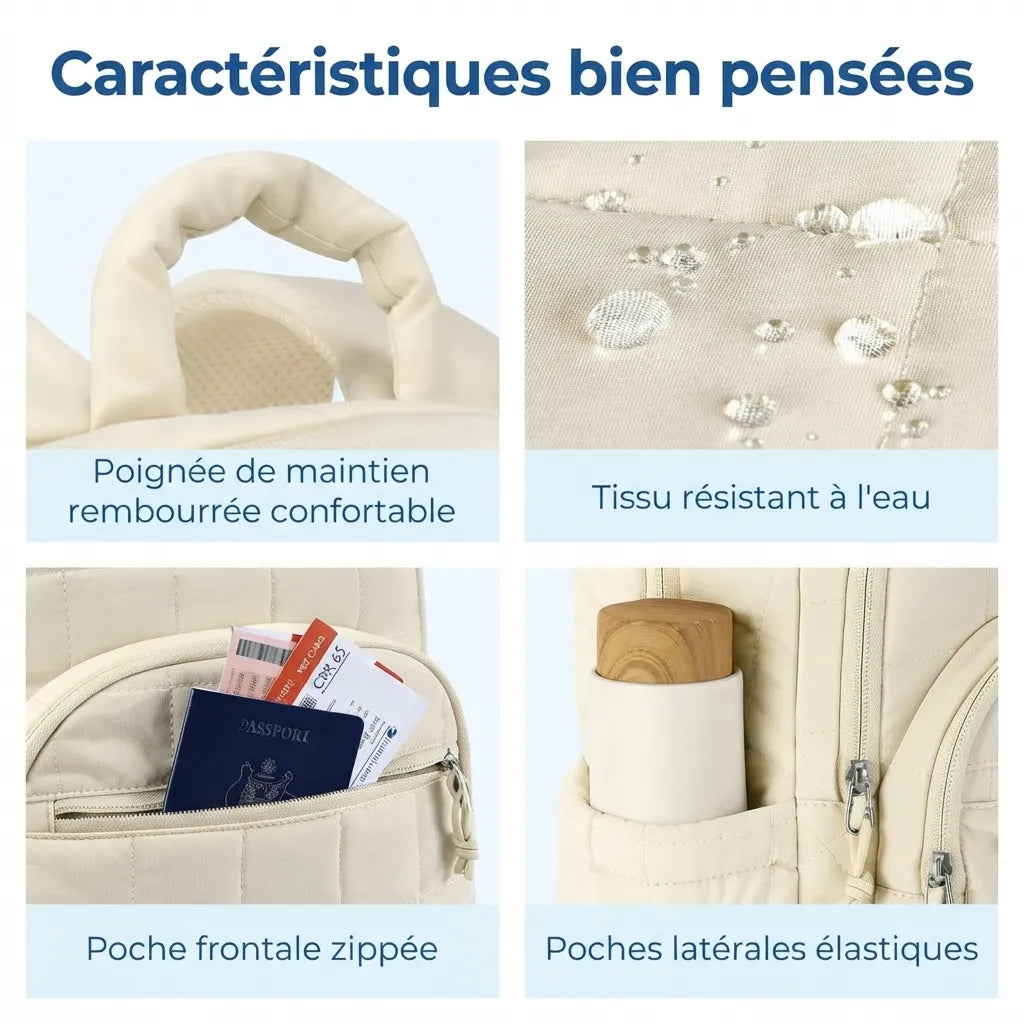 Détails de finition du sac à dos de voyage femme 25L