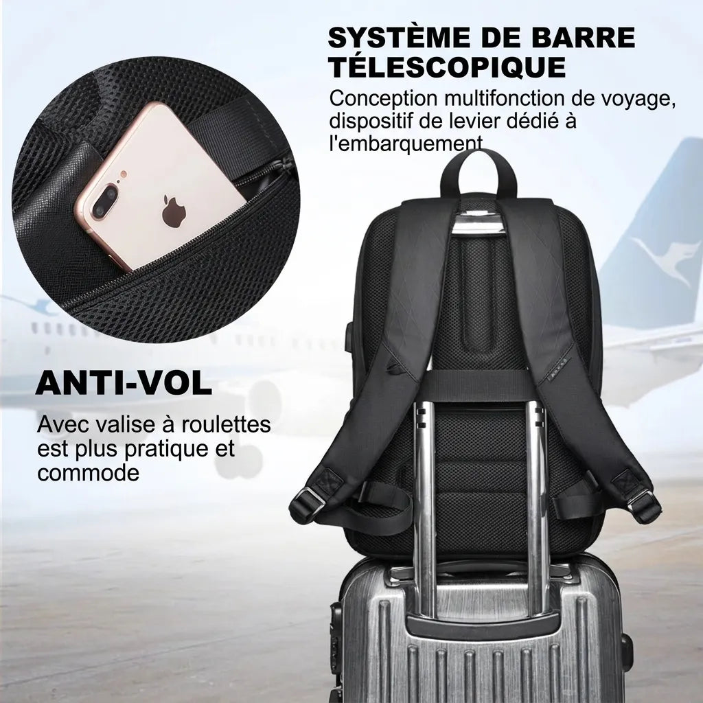 Sac à dos de voyage USB fixé sur une valise à roulettes