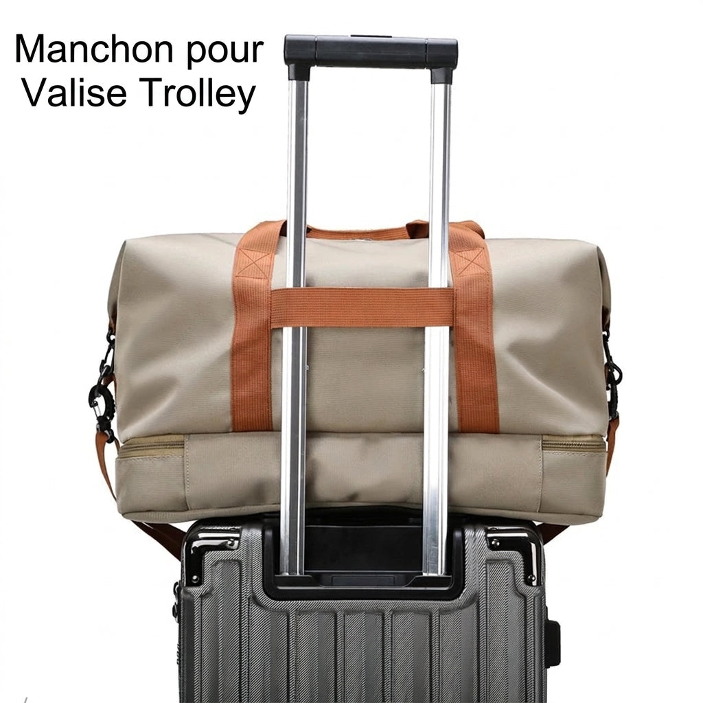 Sac de voyage 3 en 1 fixé sur une valise à roulettes