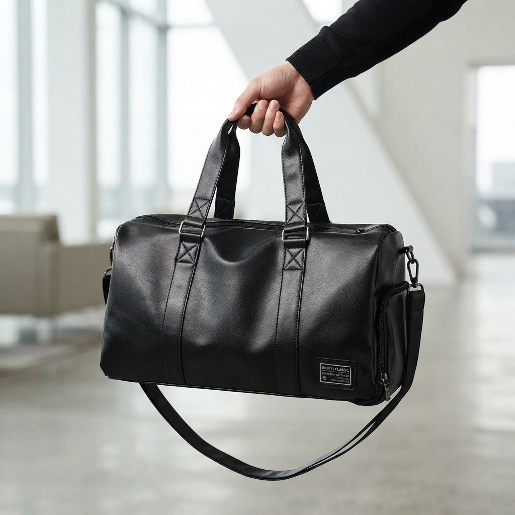 Sac de voyage homme en simili cuir, porté à la main