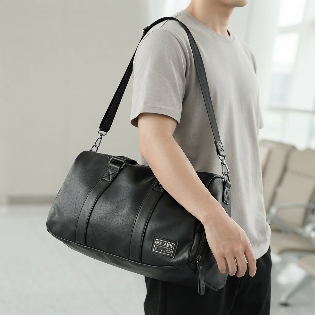 Sac de voyage homme en simili cuir, porté en bandoulière