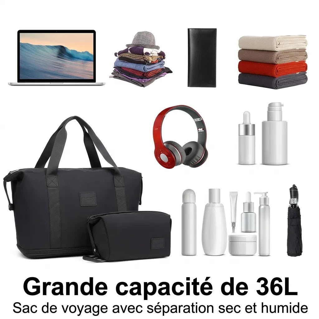 Capacité du sac de voyage femme extensible 36L, avant et après extension