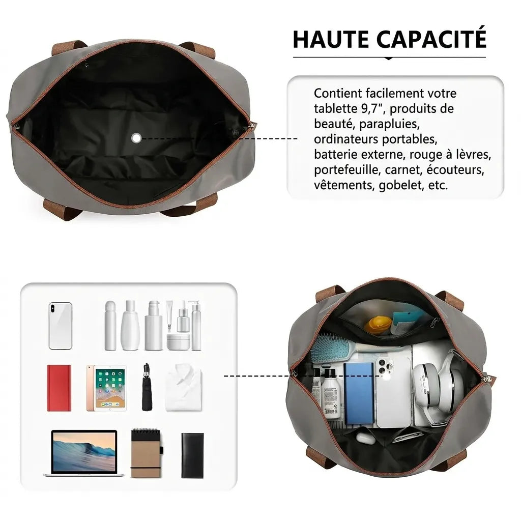 Sac de voyage femme extensible 36L, compartiment déplié
