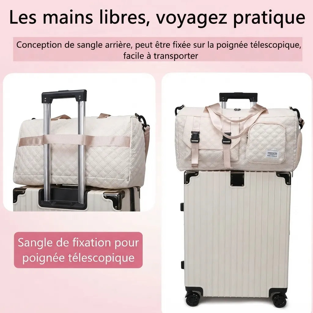 Sac de voyage femme cabas à boucles fixé sur une valise