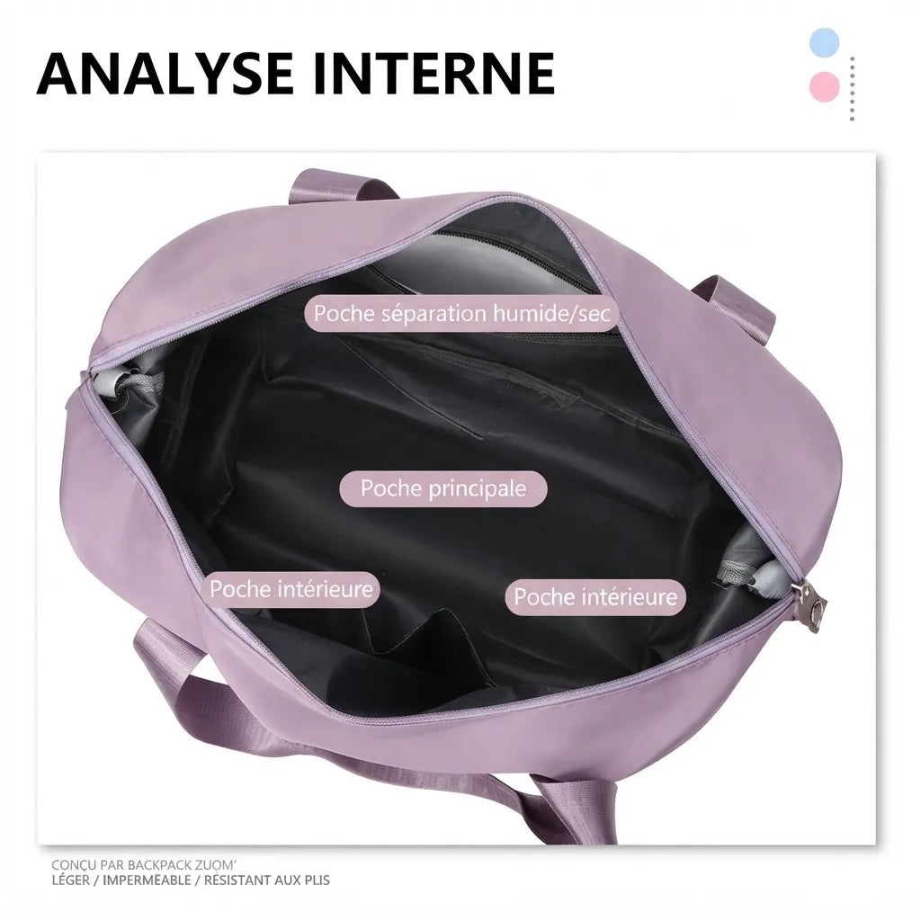 Sac de voyage femme extensible, compartiment déplié