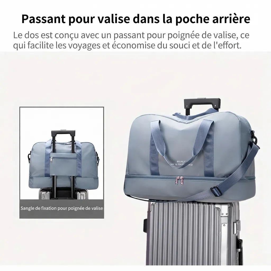 Sac de voyage femme fixé sur la poignée d'une valise