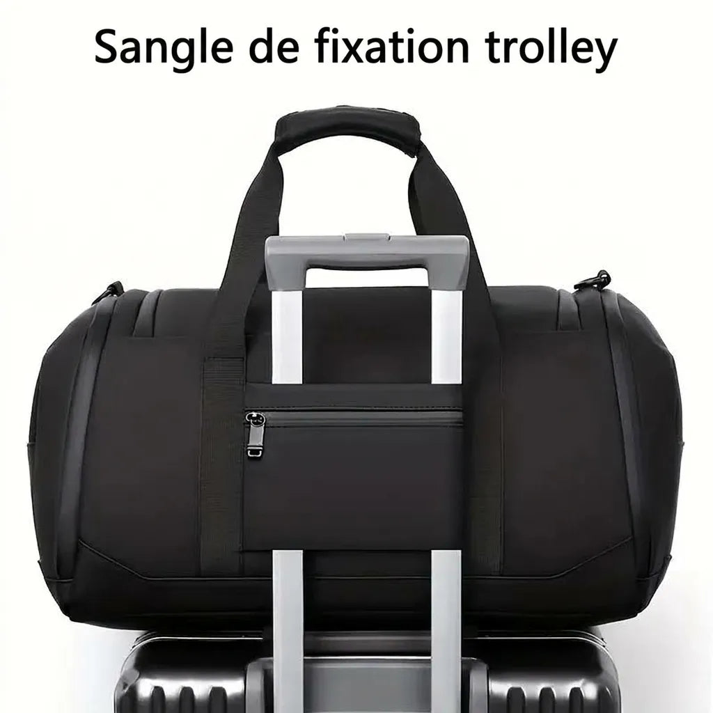 Sac de voyage homme multifonction fixé sur une valise à roulettes