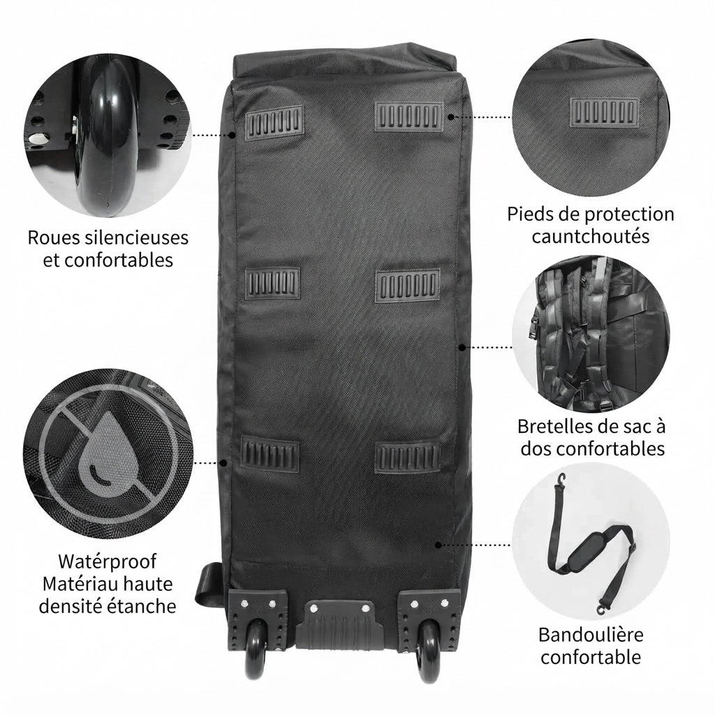 Dessous du sac de voyage à roulettes 80 litres
