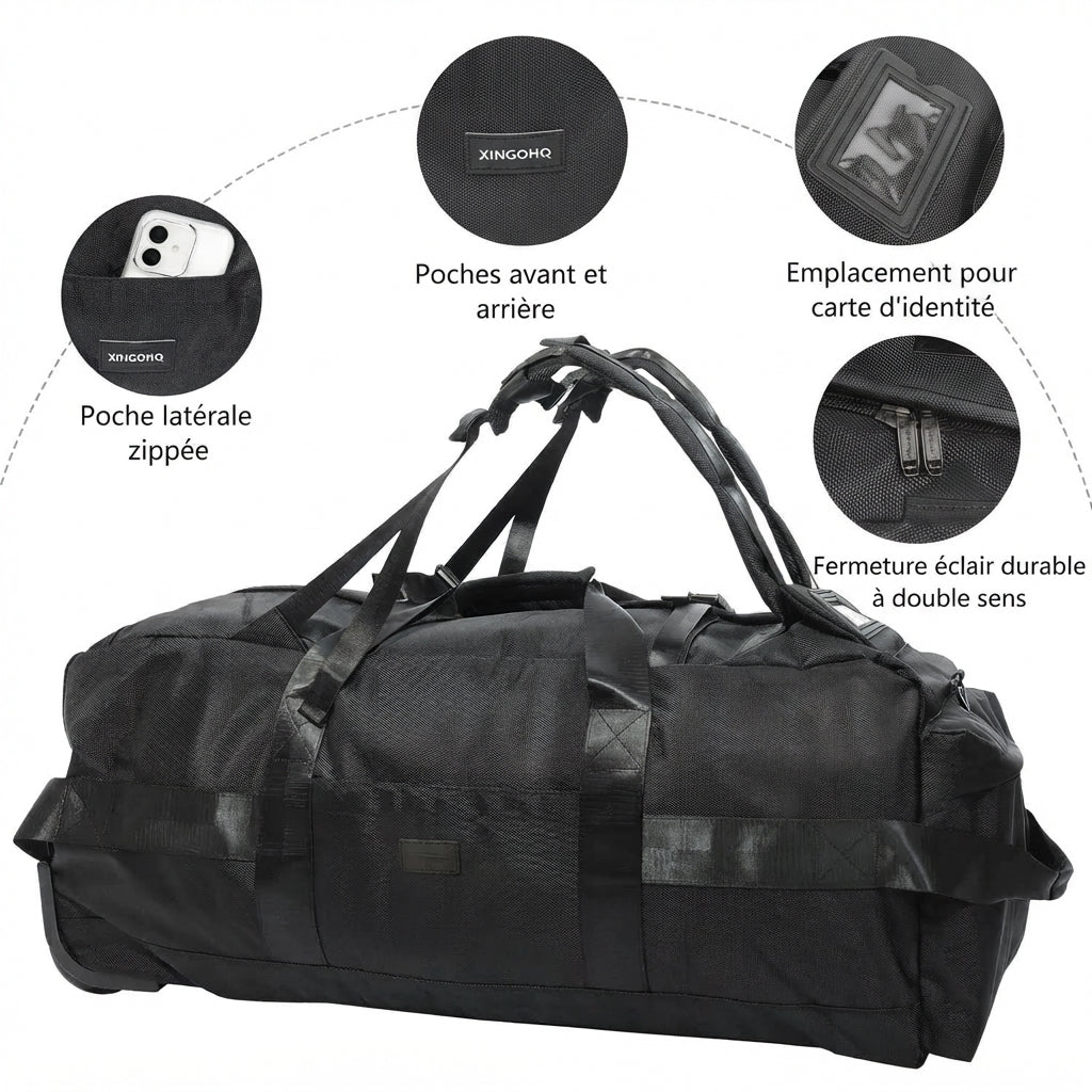 Détail des poches du sac de voyage à roulettes 80 litres