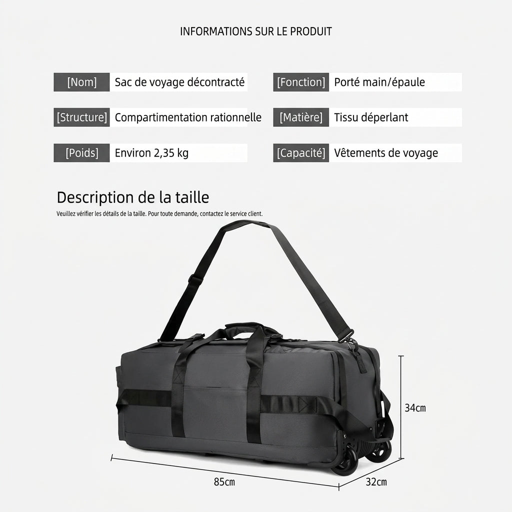 Sac de voyage à roulettes 80 litres, informations produit
