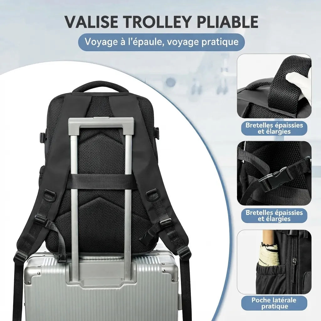 Sac de voyage sous vide avec pompe fixé sur une valise à roulettes