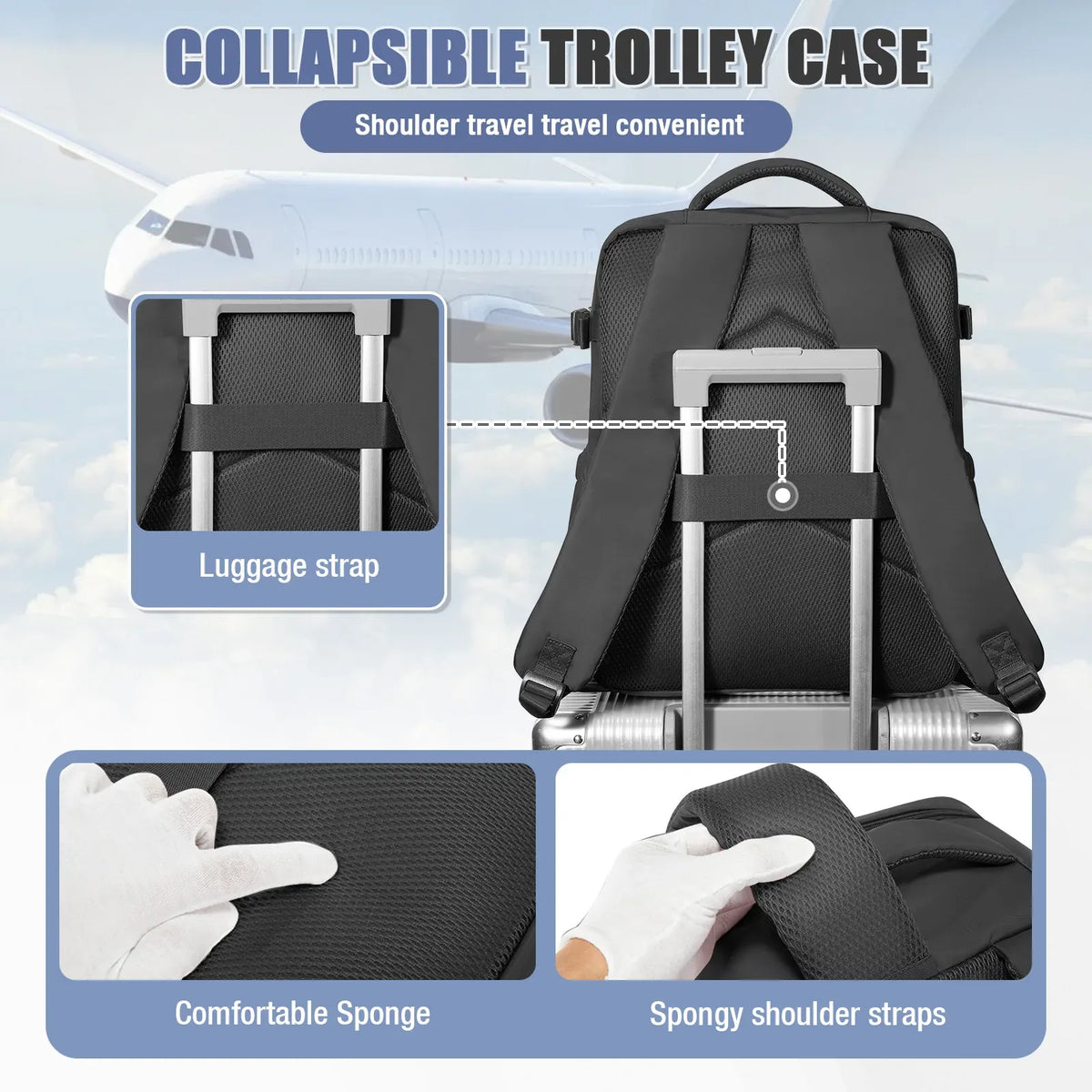 Sac de voyage sous vide fixé sur une valise à roulettes