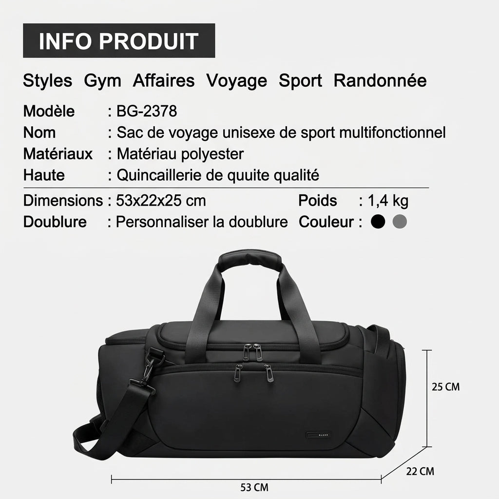 Sac de voyage homme sport, dimensions 53 x 22 x 25 cm