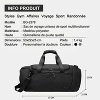 Sac de voyage homme sport, dimensions 53 x 22 x 25 cm